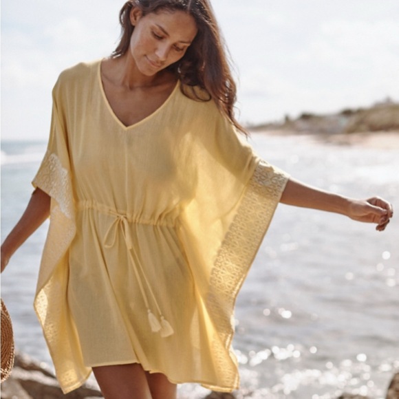 Garnet Hill Kaftan Tunic Top Beach Coverup Crinkle Cotton Gray Embroidery S - Picture 3 of 9